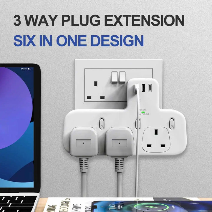  6-in-1 Power Hub – Compact and safe charging station with USB and AC ports, perfect for multiple devices. Free delivery available. توصيل مجاني متاح"