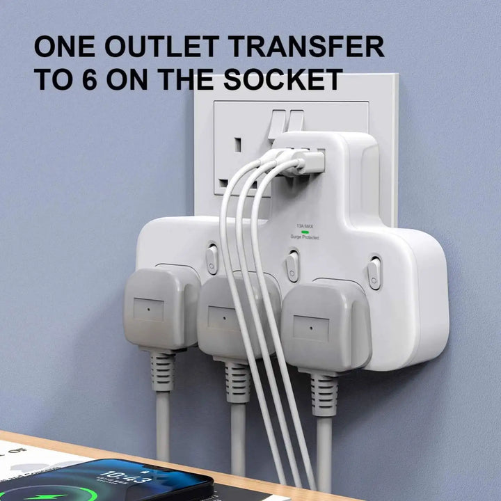 Trendolia 6-in-1 Power Hub – Compact and safe charging station with USB and AC ports, perfect for multiple devices. Free delivery available. توصيل مجاني متاح"